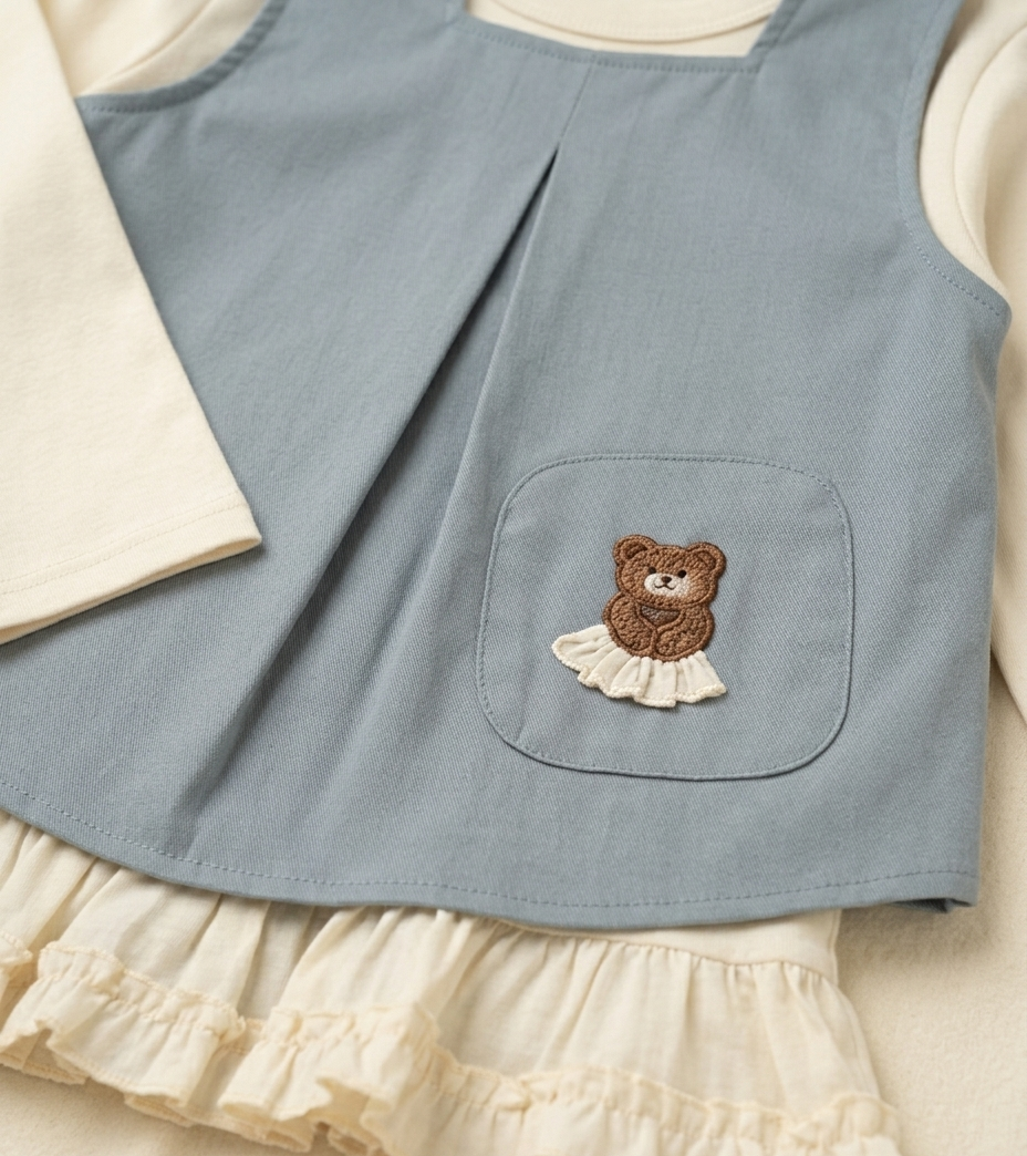 Girls Bear Embroidered Layered Co-Ord 3 Piece Set