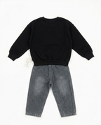 Boys Black Graphic Sweatshirt & Grey Denim Jeans Clothing Set