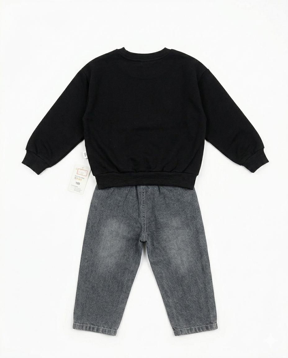 Boys Black Graphic Sweatshirt & Grey Denim Jeans Clothing Set