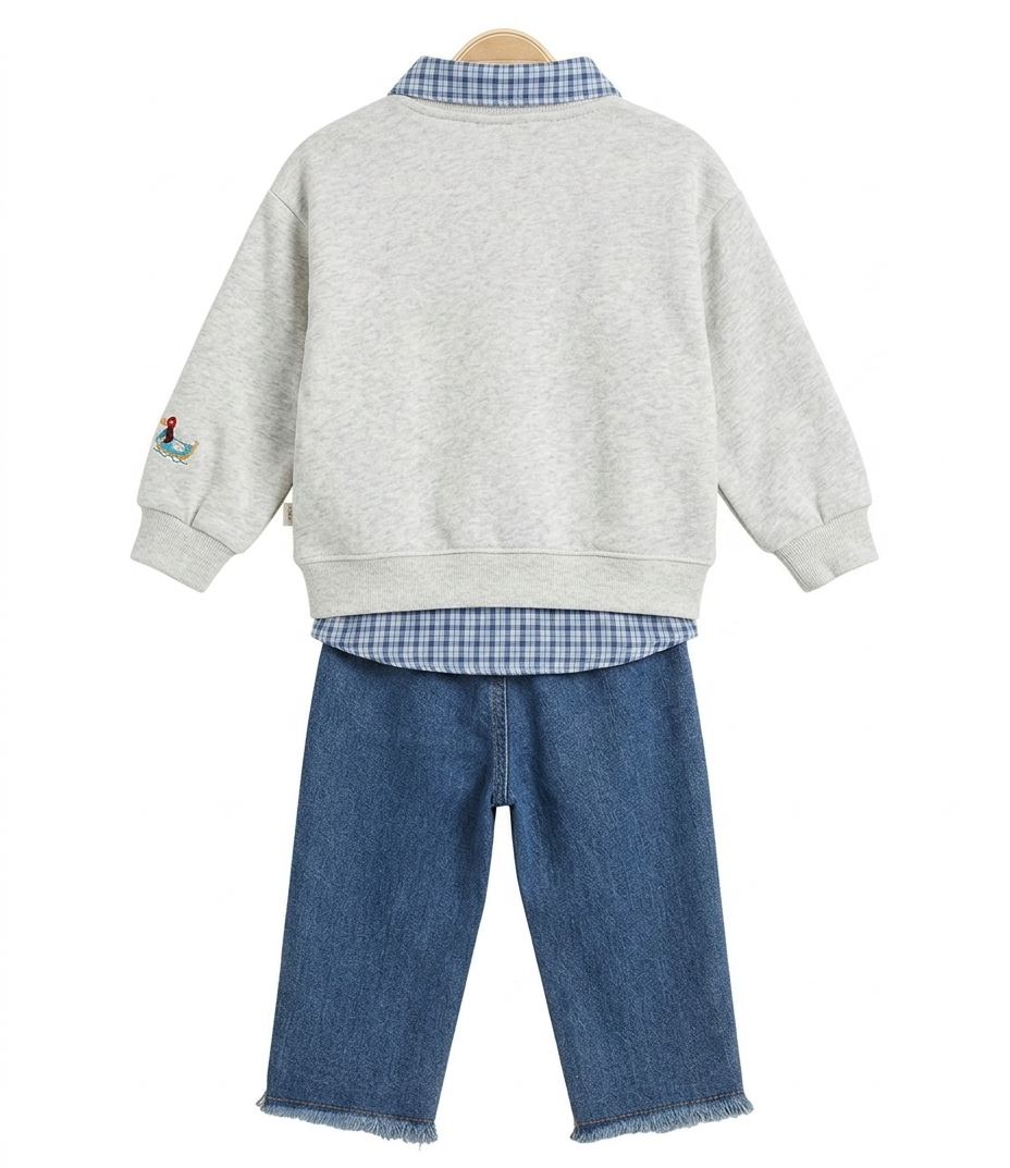 Boys Grey Sweatshirt & Blue Denim Pant Clothing 3 Piece Set