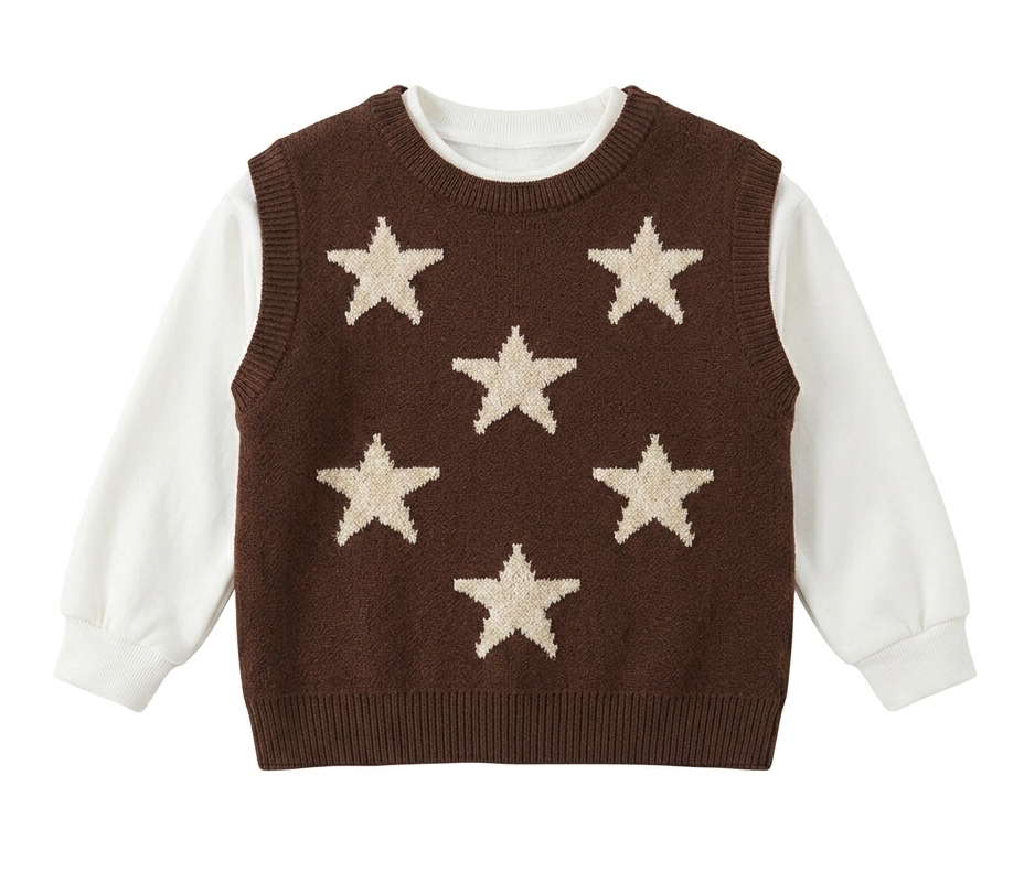 Boys Brown Star Knit Sweater Vest with White Full Sleeve T-Shirt