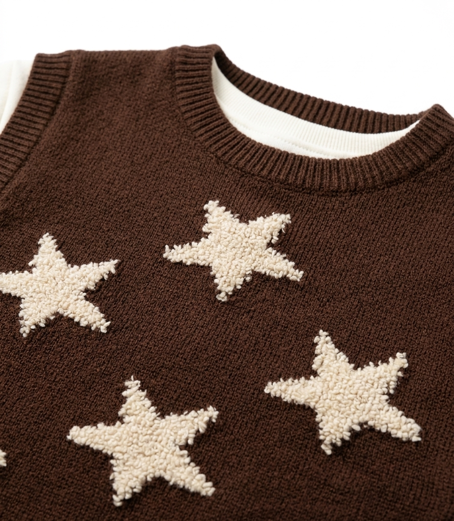 Boys Brown Star Knit Sweater Vest with White Full Sleeve T-Shirt