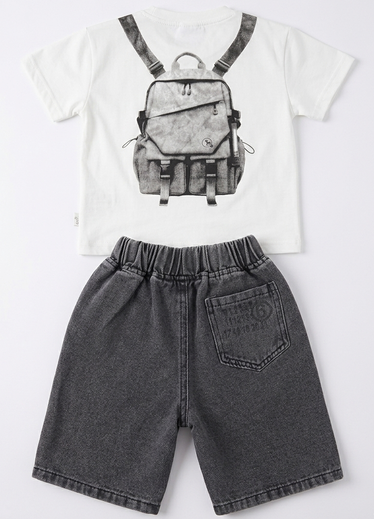 Boys White Printed T-Shirt with Grey Denim Shorts