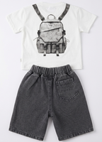 Boys White Printed T-Shirt with Grey Denim Shorts