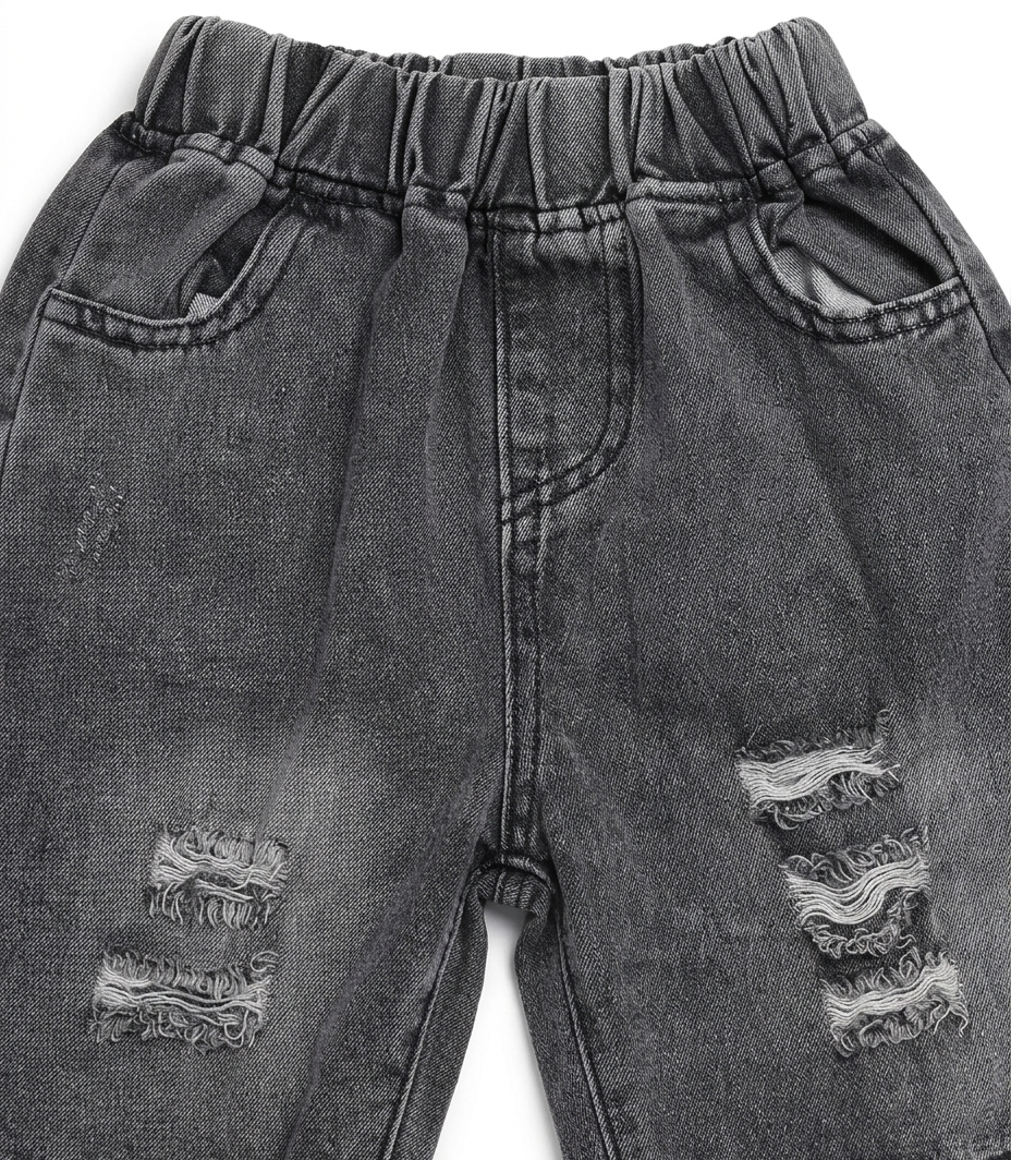 Boys White Printed T-Shirt with Grey Denim Shorts