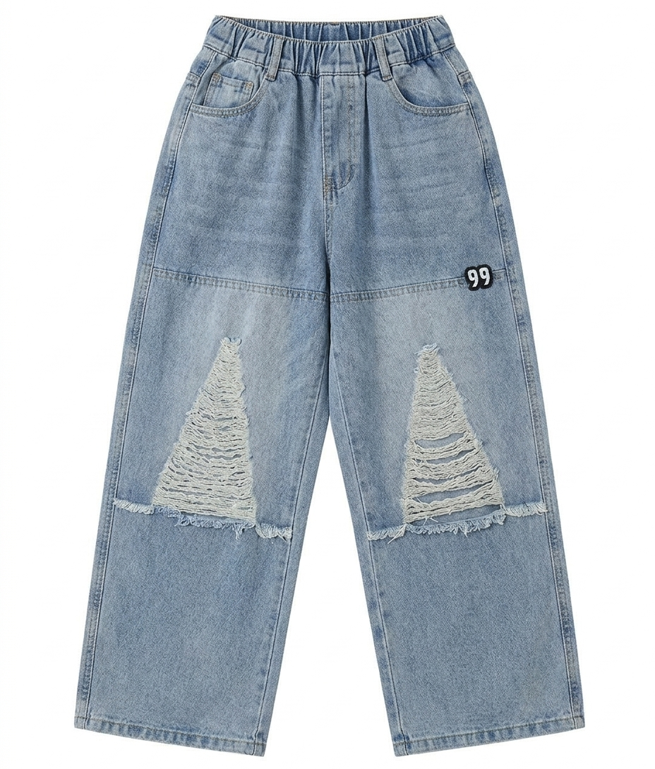 Girls Light Blue Distressed Wide Leg Denim Jeans