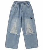 Girls Light Blue Distressed Wide Leg Denim Jeans