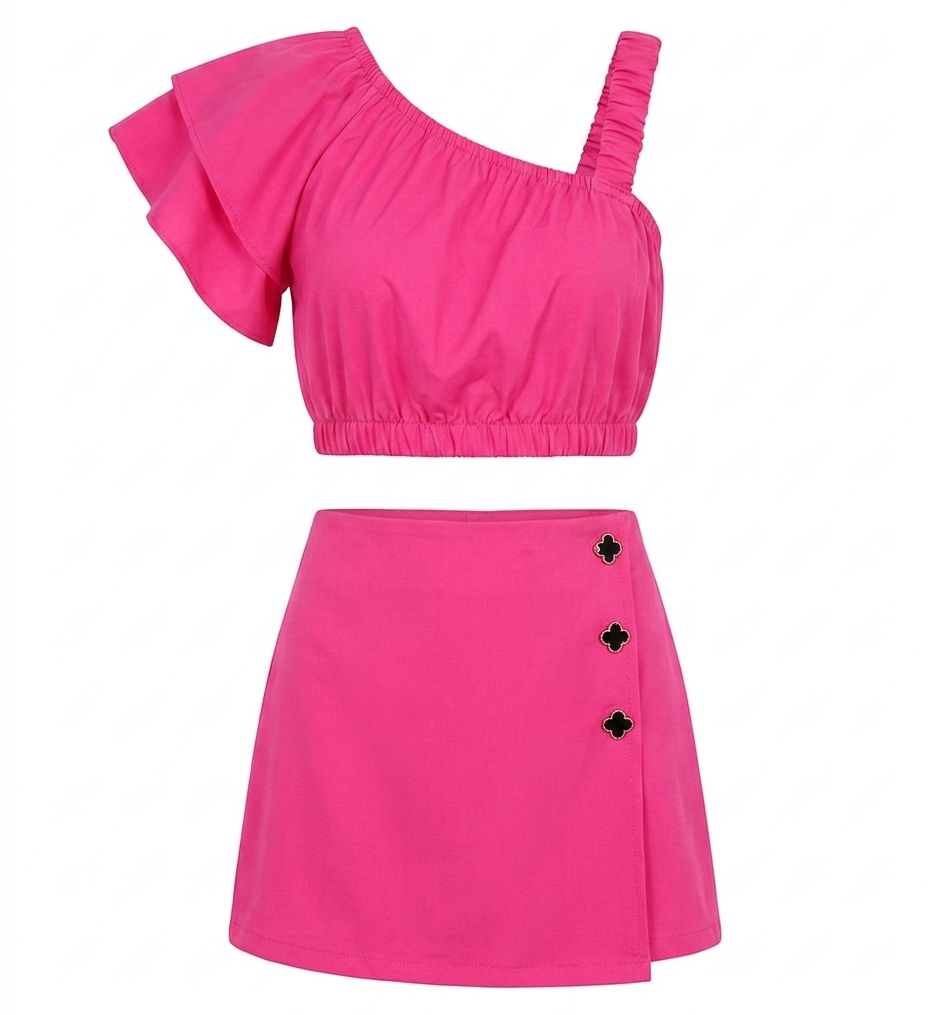 Girls Hot Pink One Shoulder Co-Ord Set with Skirt