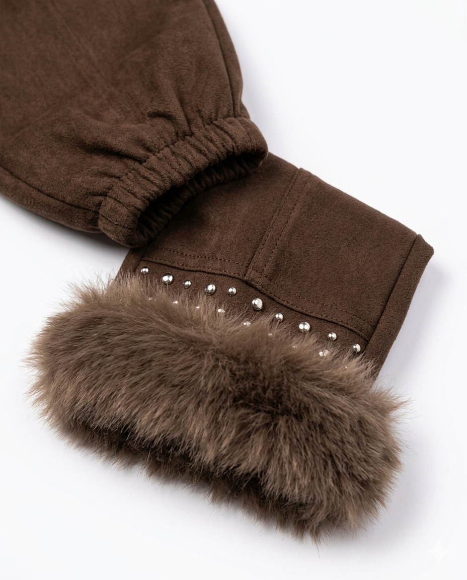 Girls Brown Fur Vest & Wide Leg Pants Winter Co-ord Set