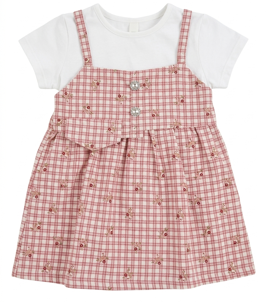 Girls Pink Checkered Cotton Pinafore Dress