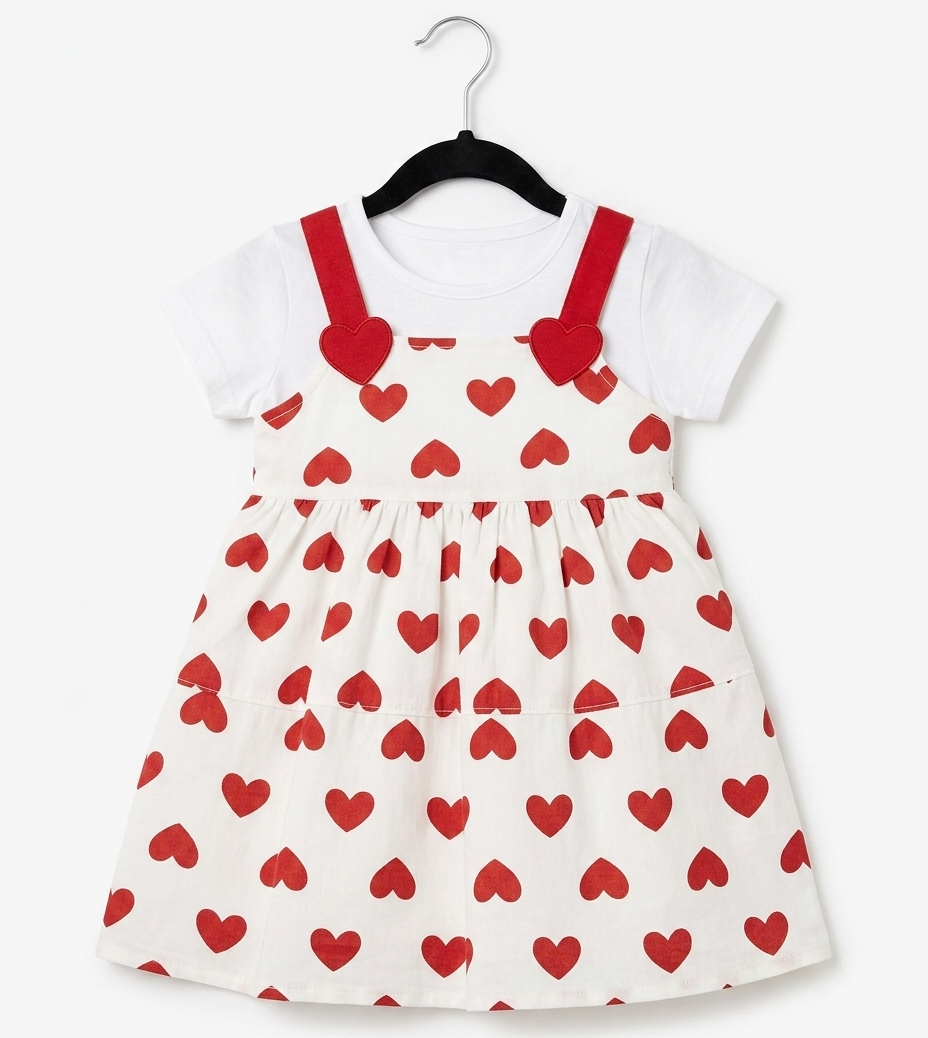 Girls White Heart Print Pinafore Dress