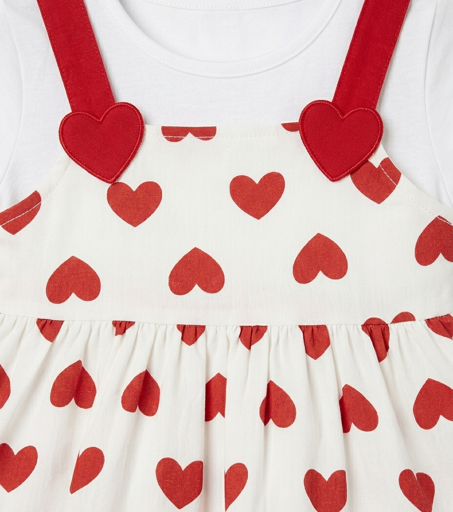 Girls White Heart Print Pinafore Dress
