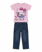 Girls Pink Hello Kitty Printed T-Shirt with Blue Cargo Jeans