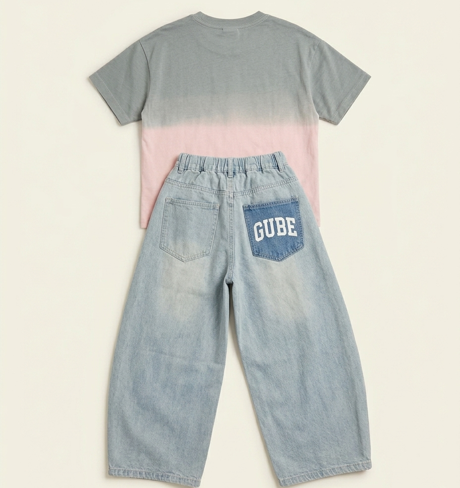 Girls Grey & Pink Ombre T-Shirt with Light Blue Wide-Leg Denim
