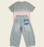 Girls Grey & Pink Ombre T-Shirt with Light Blue Wide-Leg Denim