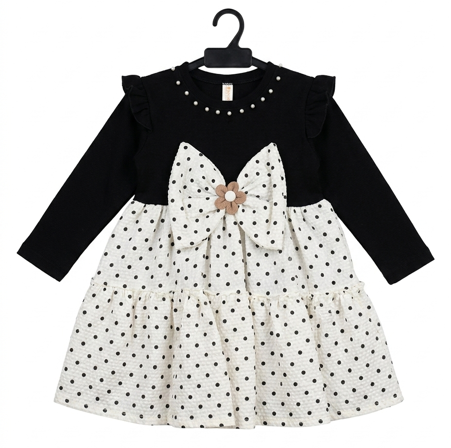 Girls Black & White Polka Dot Party Dress with Bow