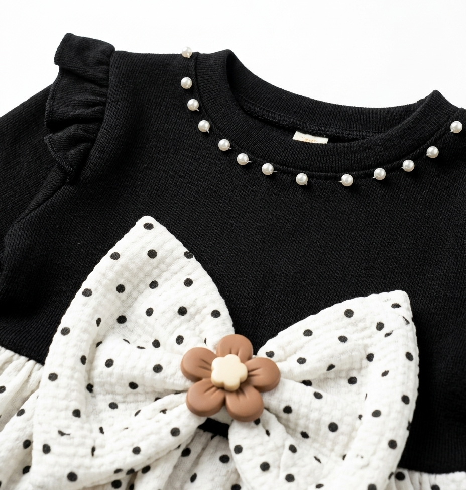 Girls Black & White Polka Dot Party Dress with Bow