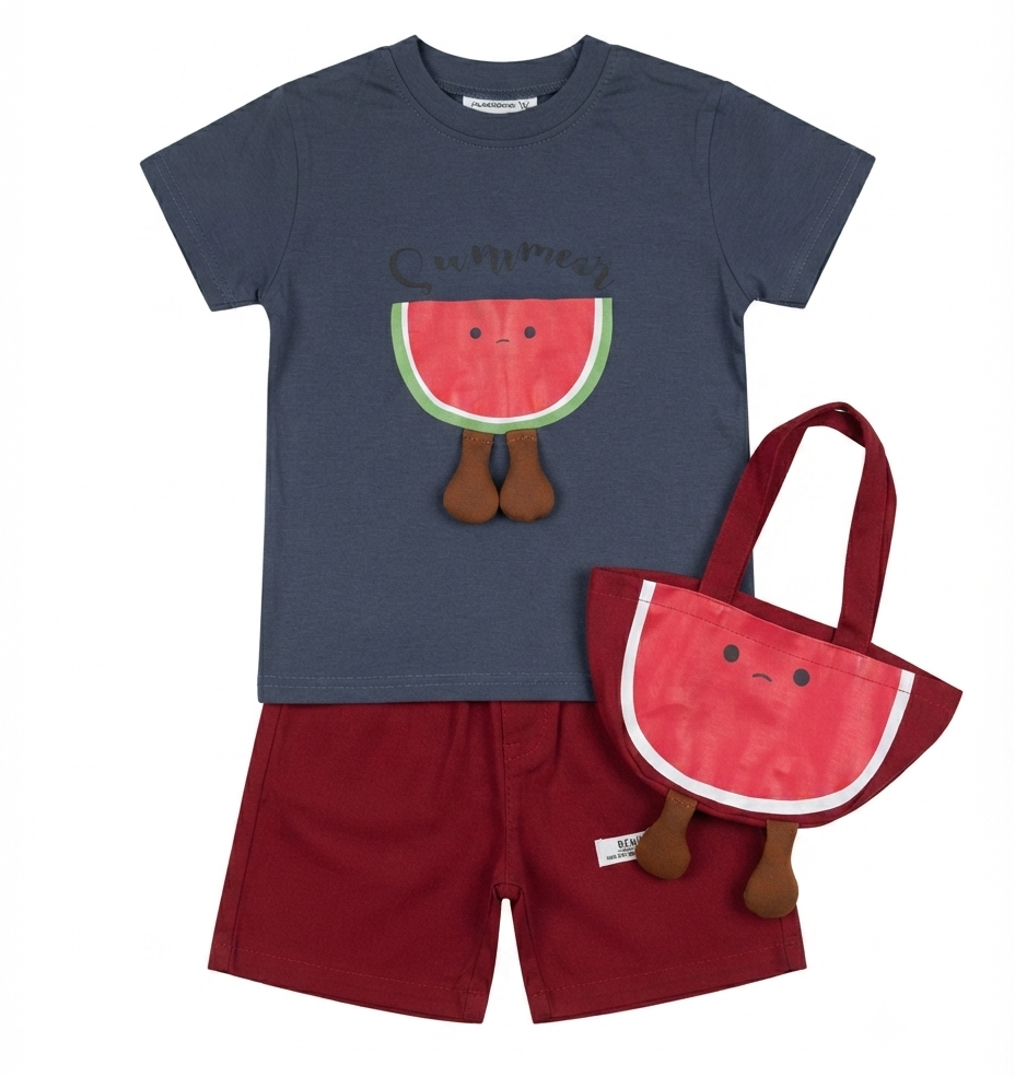 Boys Summer Watermelon Print T-Shirt & Shorts Set with Matching Sling Bag
