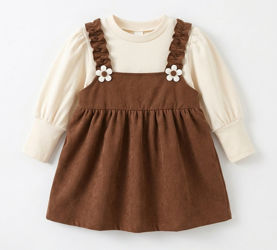 Girls Brown Pinafore Dress with Full Sleeve Top