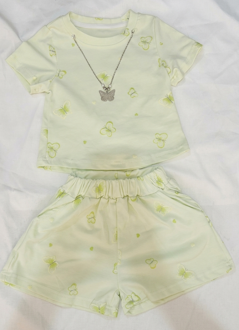 Girls Light Green Butterfly T Shirt and Shorts