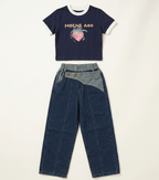 Girls Strawberry Print T-Shirt & Wide Leg Denim Jeans Set