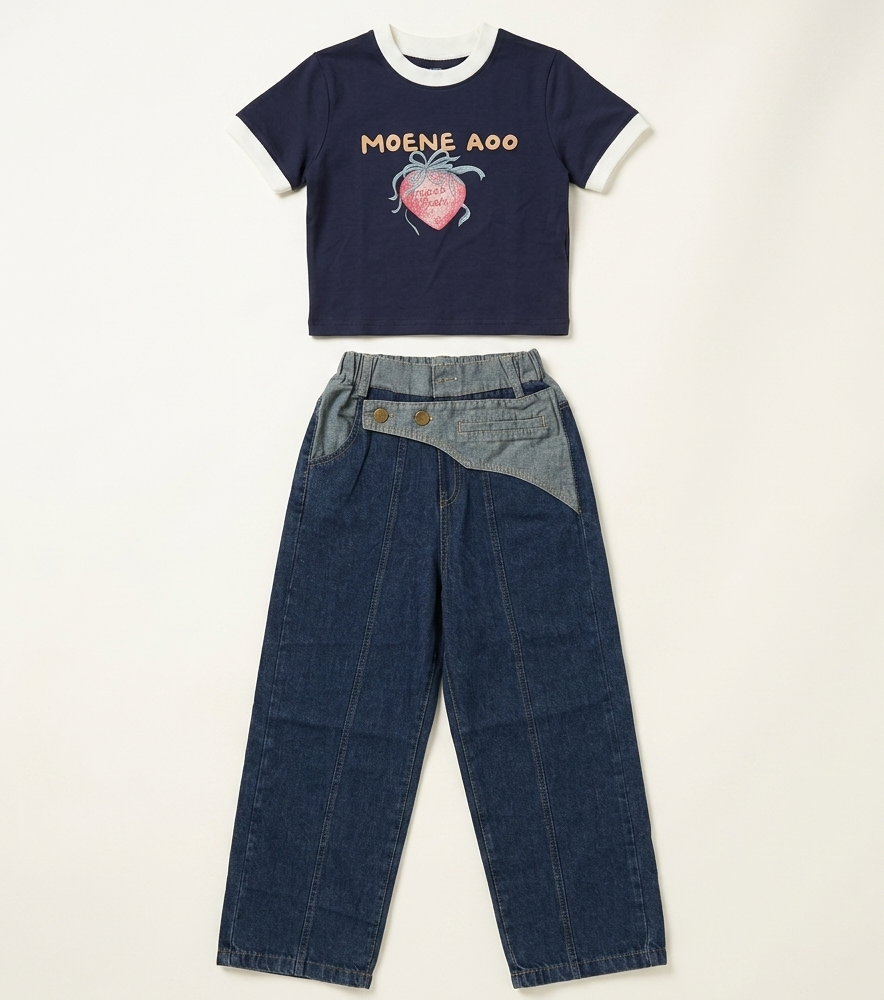 Girls Strawberry Print T-Shirt & Wide Leg Denim Jeans Set