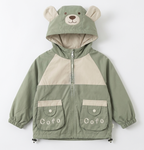 Girls Sage Green Bear Hooded Zip-Up Winter Jacket