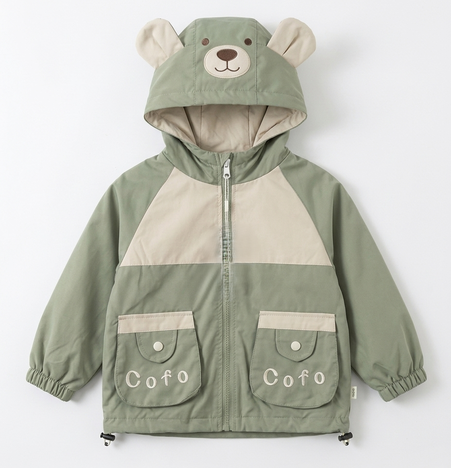 Girls Sage Green Bear Hooded Zip-Up Winter Jacket