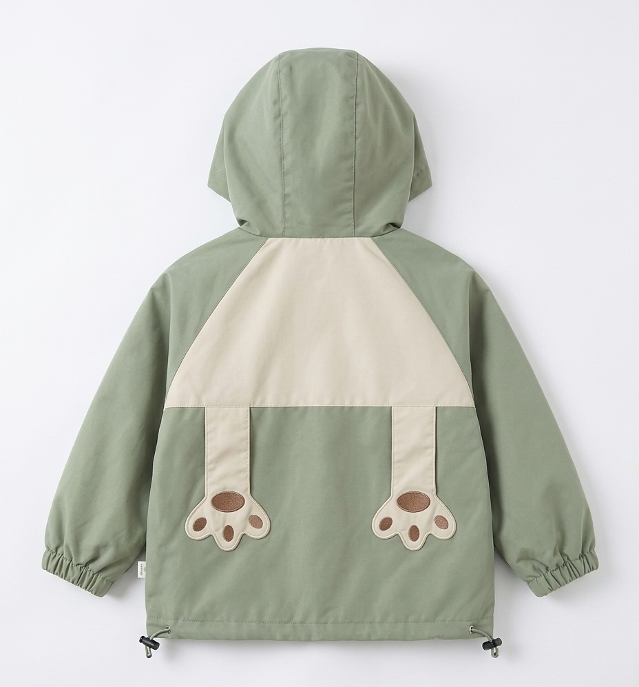 Girls Sage Green Bear Hooded Zip-Up Winter Jacket