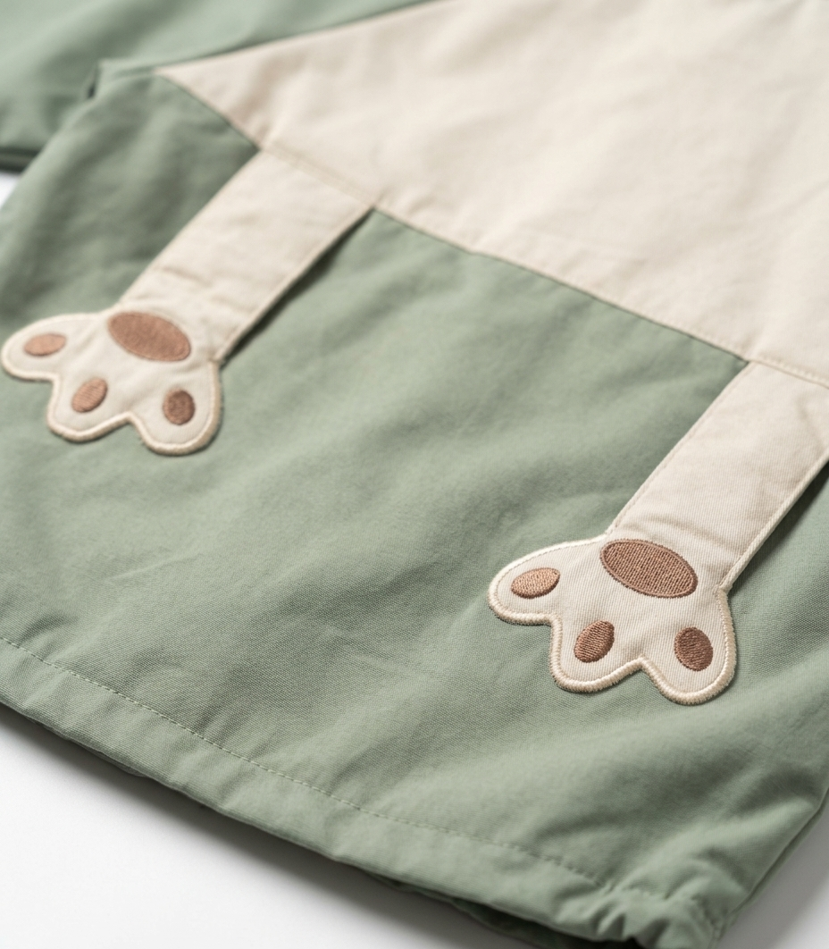 Girls Sage Green Bear Hooded Zip-Up Winter Jacket