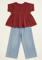 Girls Cotton Peplum Top & Denim Pants Set