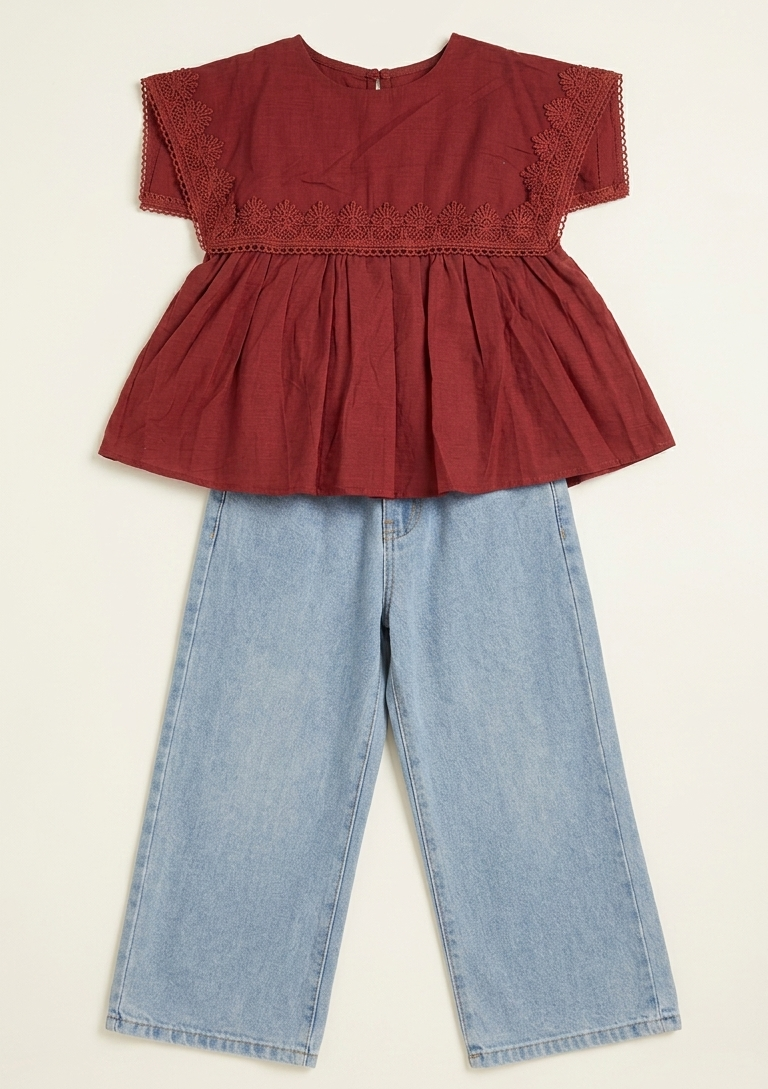 Girls Cotton Peplum Top & Denim Pants Set
