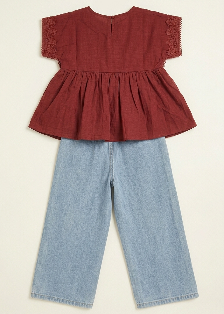 Girls Cotton Peplum Top & Denim Pants Set