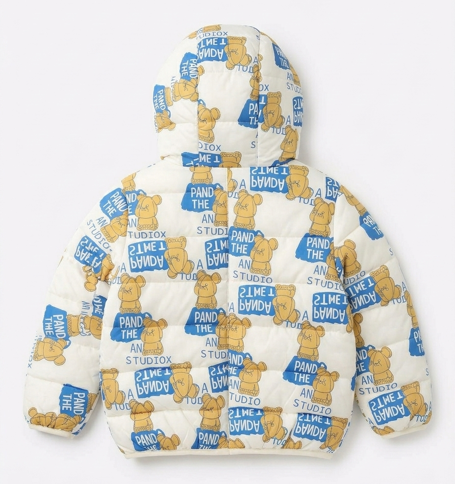 Boys White Bear Print Hooded Puffer Jacket