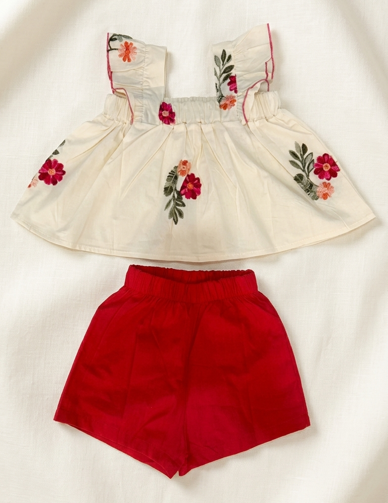 Girls Cream Flower Top and Shorts