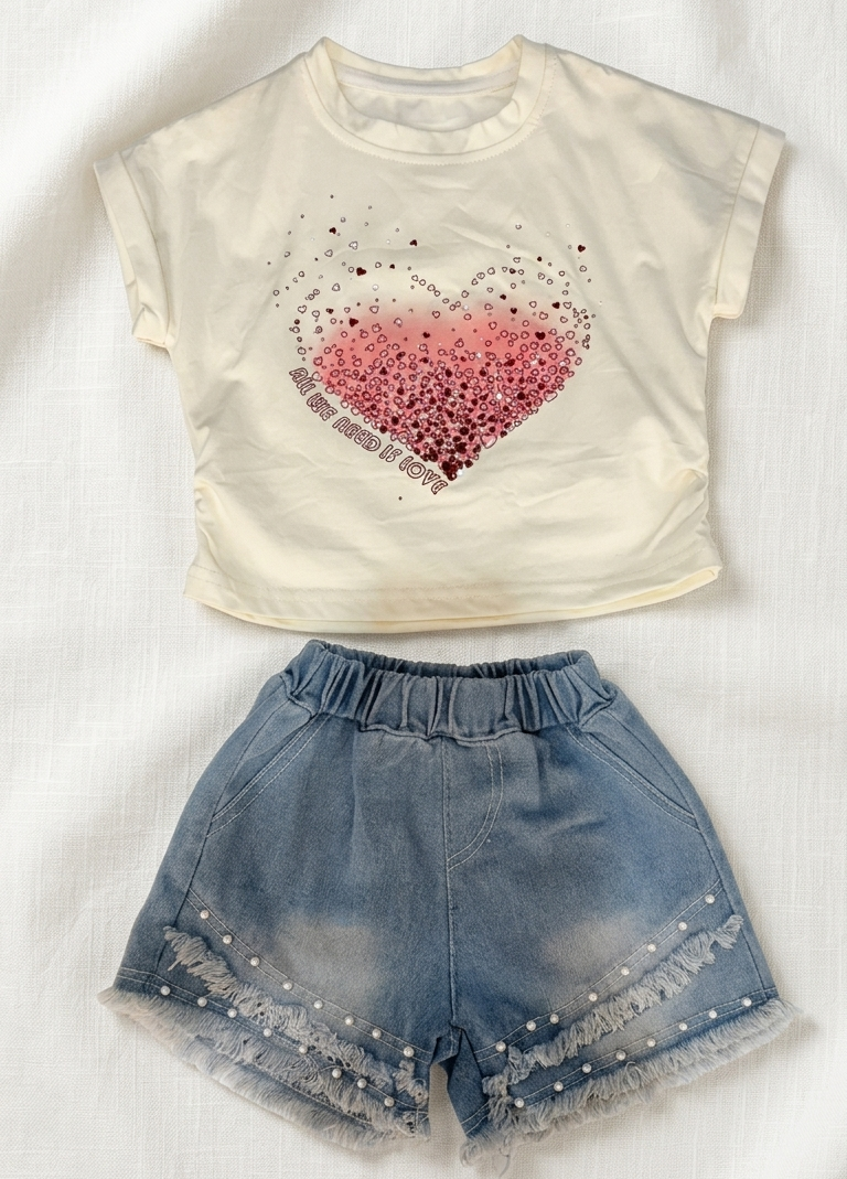 Girl White Heart T Shirt and Shorts