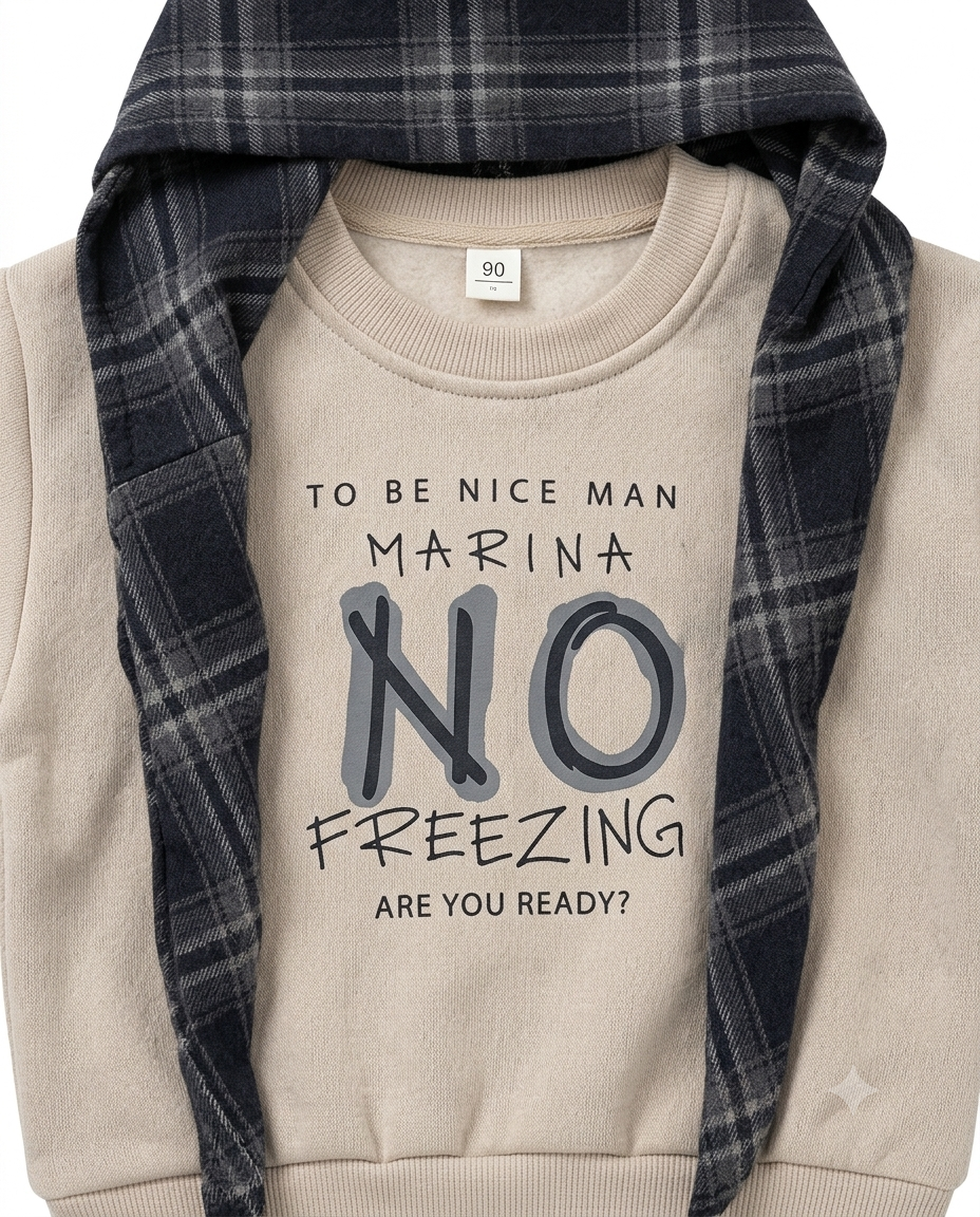 Boys Printed Sweatshirt with Checked Scarf & Denim Jeans