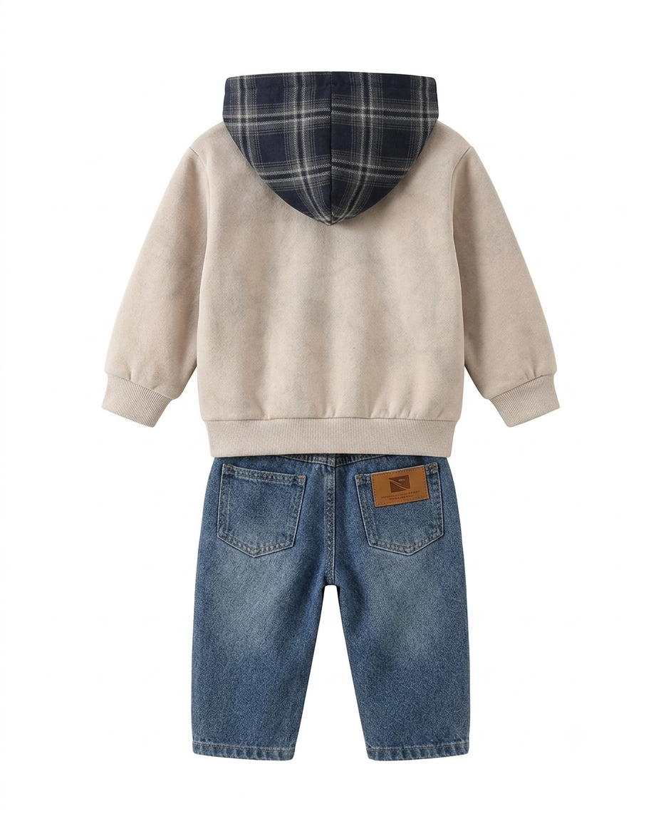 Boys Printed Sweatshirt with Checked Scarf & Denim Jeans