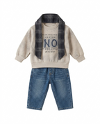 Boys Printed Sweatshirt with Checked Scarf & Denim Jeans