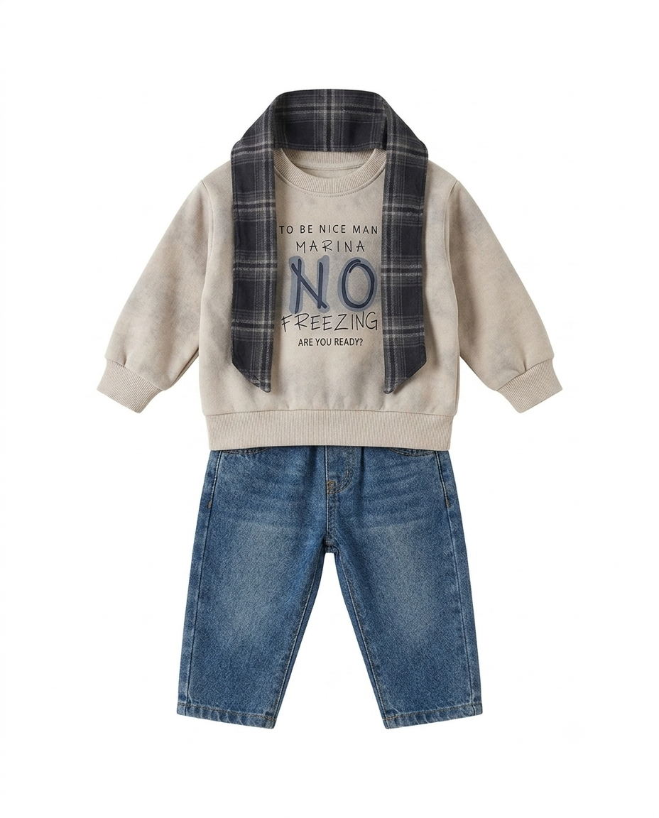 Boys Printed Sweatshirt with Checked Scarf & Denim Jeans