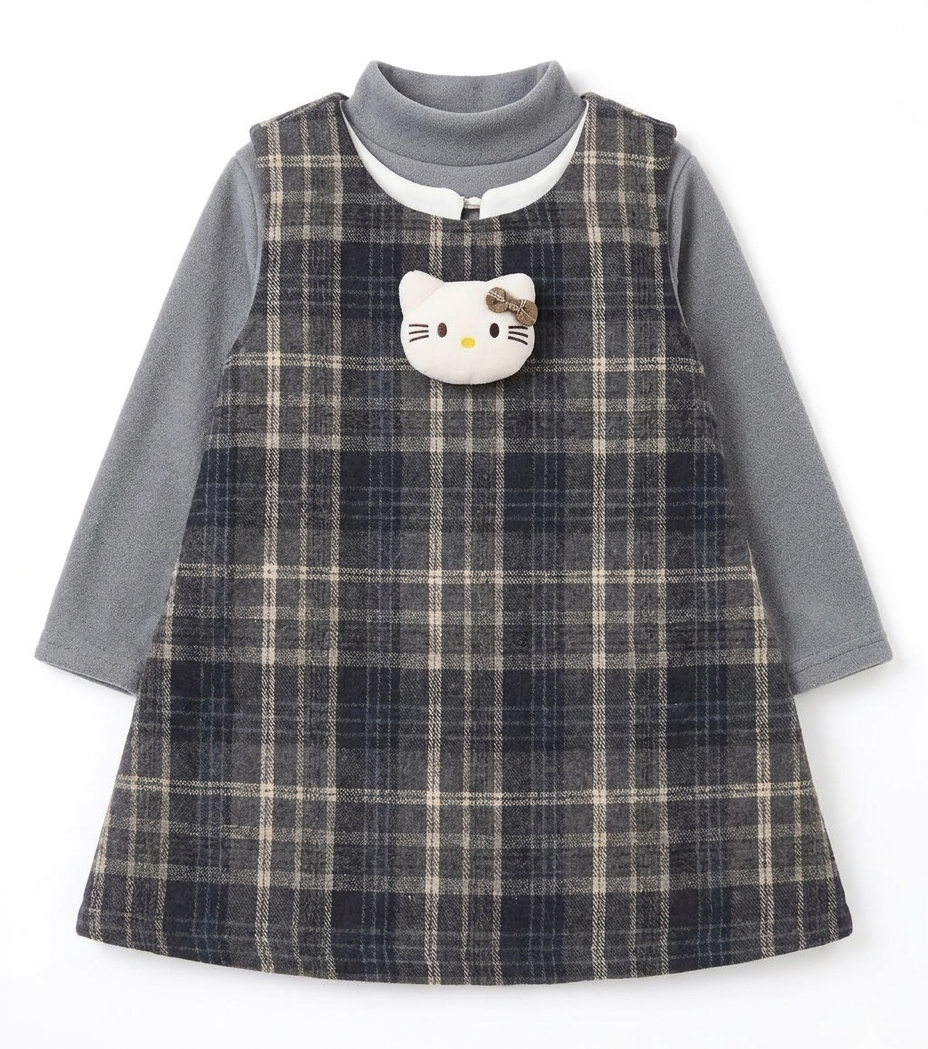 Girls Grey Check Dress with High Neck Top
