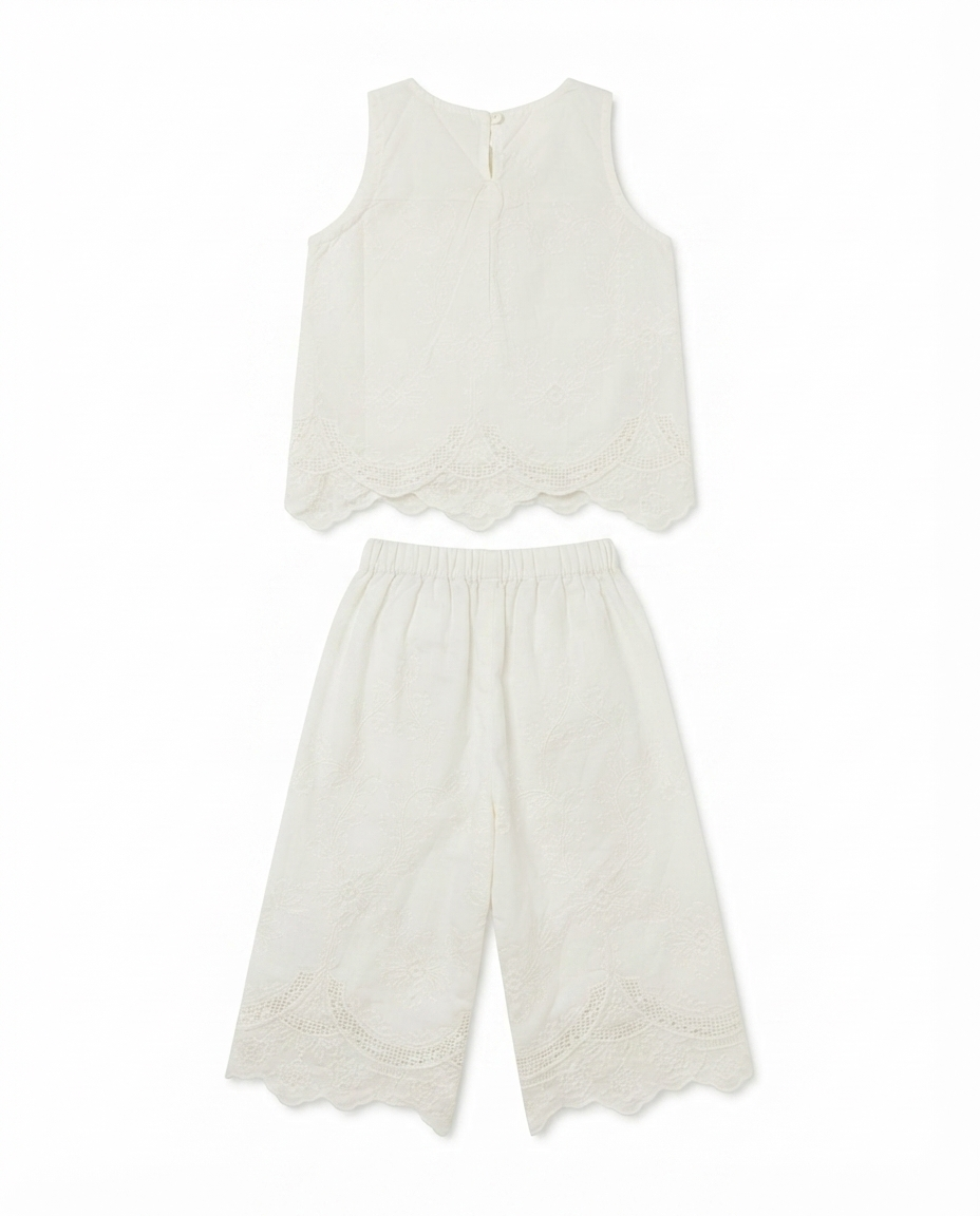 Girls White Embroidered Cotton Co-Ord Set