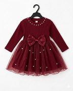 Girls Maroon Pearl Bow Party Dress