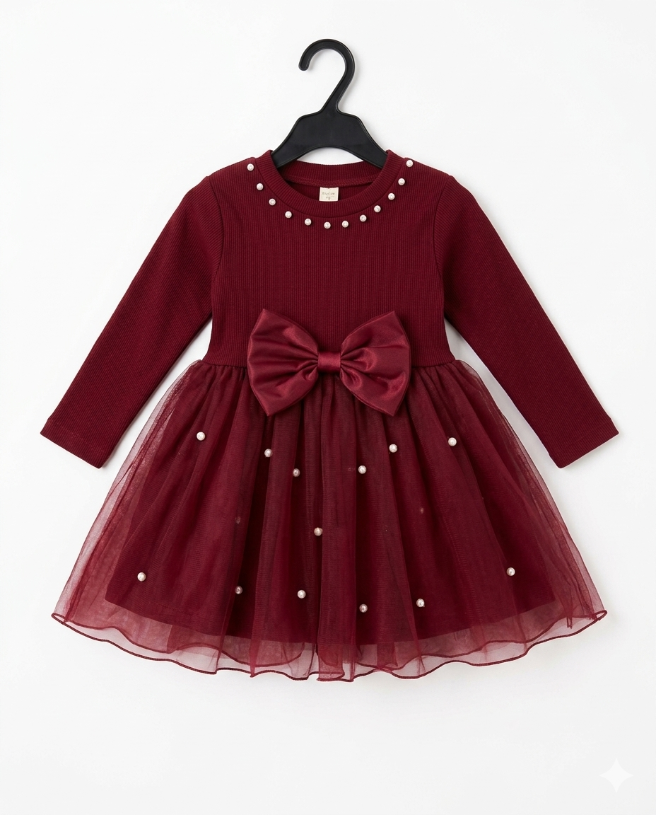 Girls Maroon Pearl Bow Party Dress