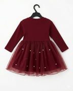 Girls Maroon Pearl Bow Party Dress