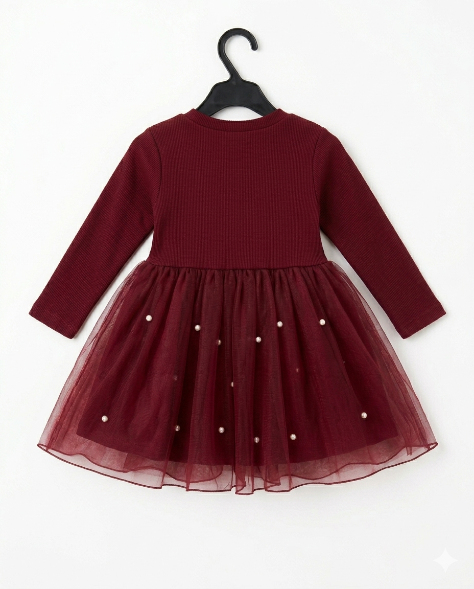 Girls Maroon Pearl Bow Party Dress