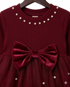Girls Maroon Pearl Bow Party Dress