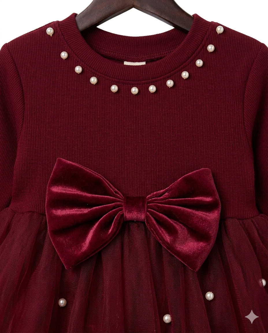 Girls Maroon Pearl Bow Party Dress