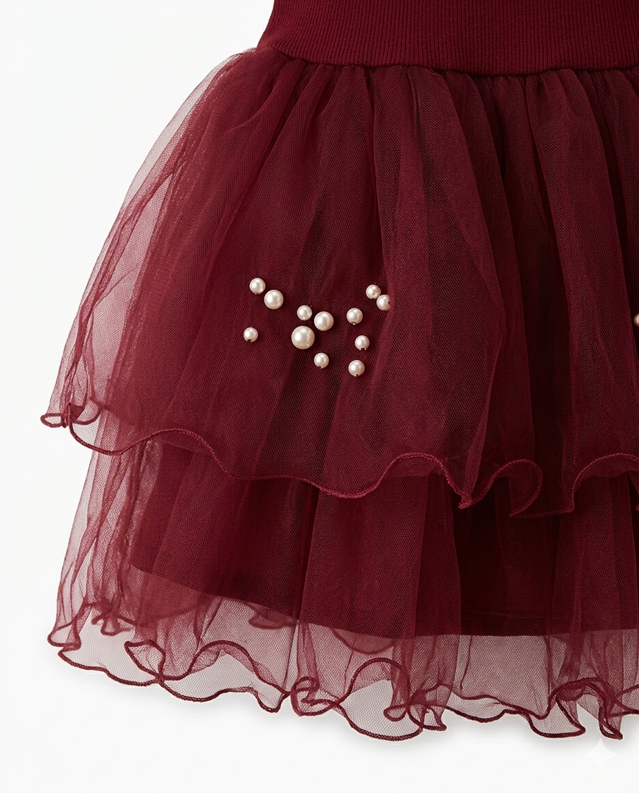 Girls Maroon Pearl Bow Party Dress