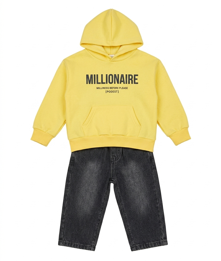Boys Yellow Hoodie & Black Denim Pant Clothing Set